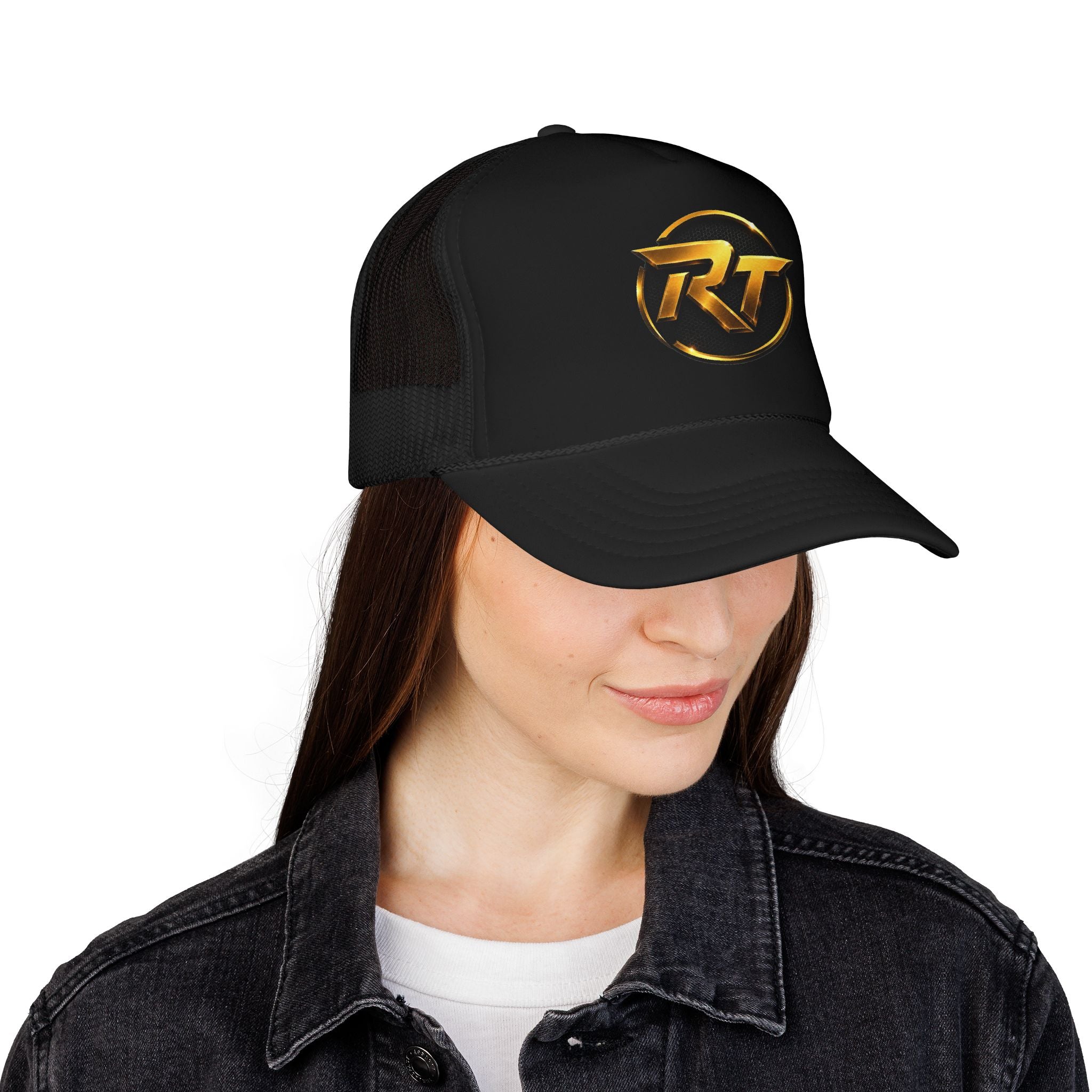 Gold RT Logo Trucker Hat | Metallic Monogram Foam Trucker Hat