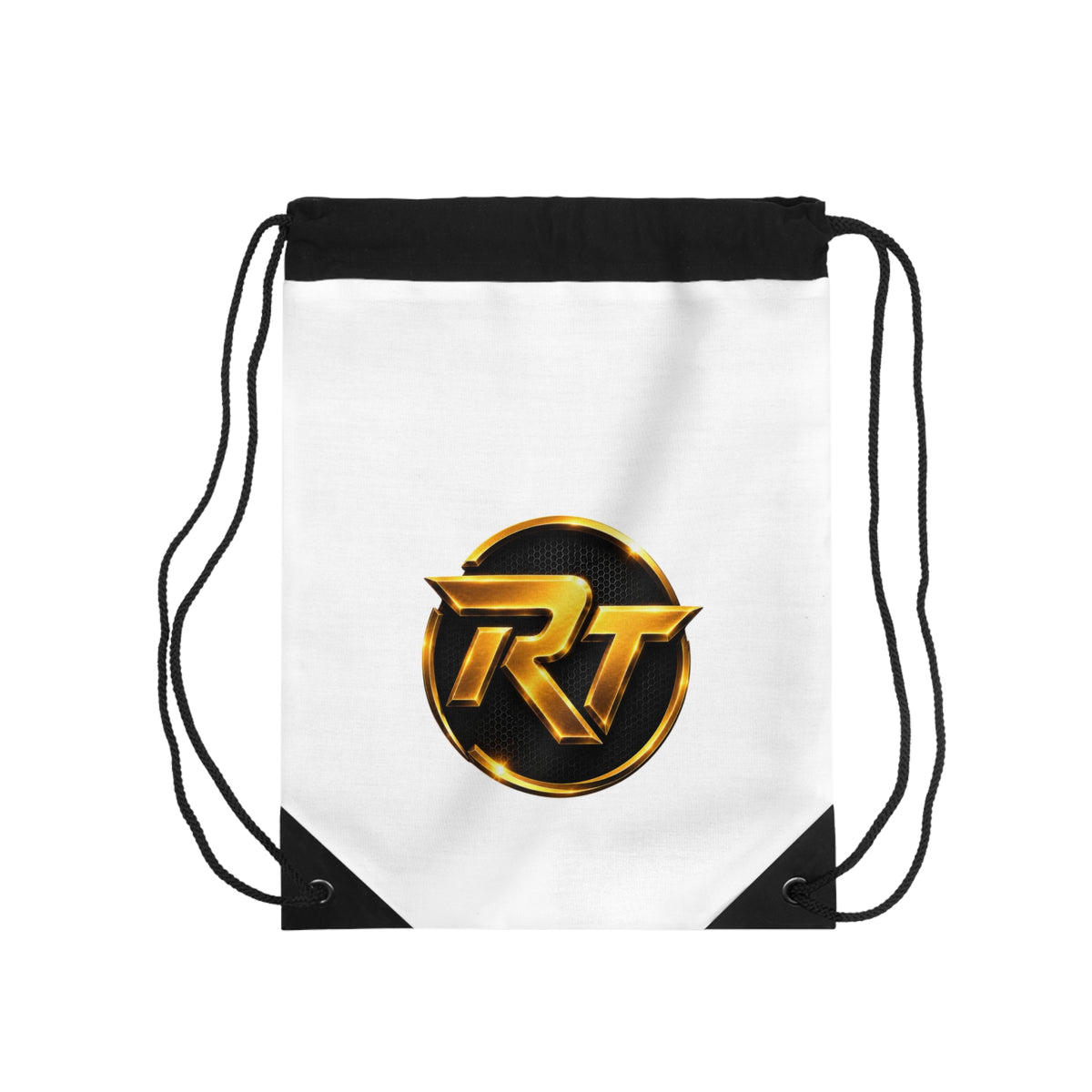 Gold RT Logo Drawstring Bag | Monogram Emblem Gym Sack