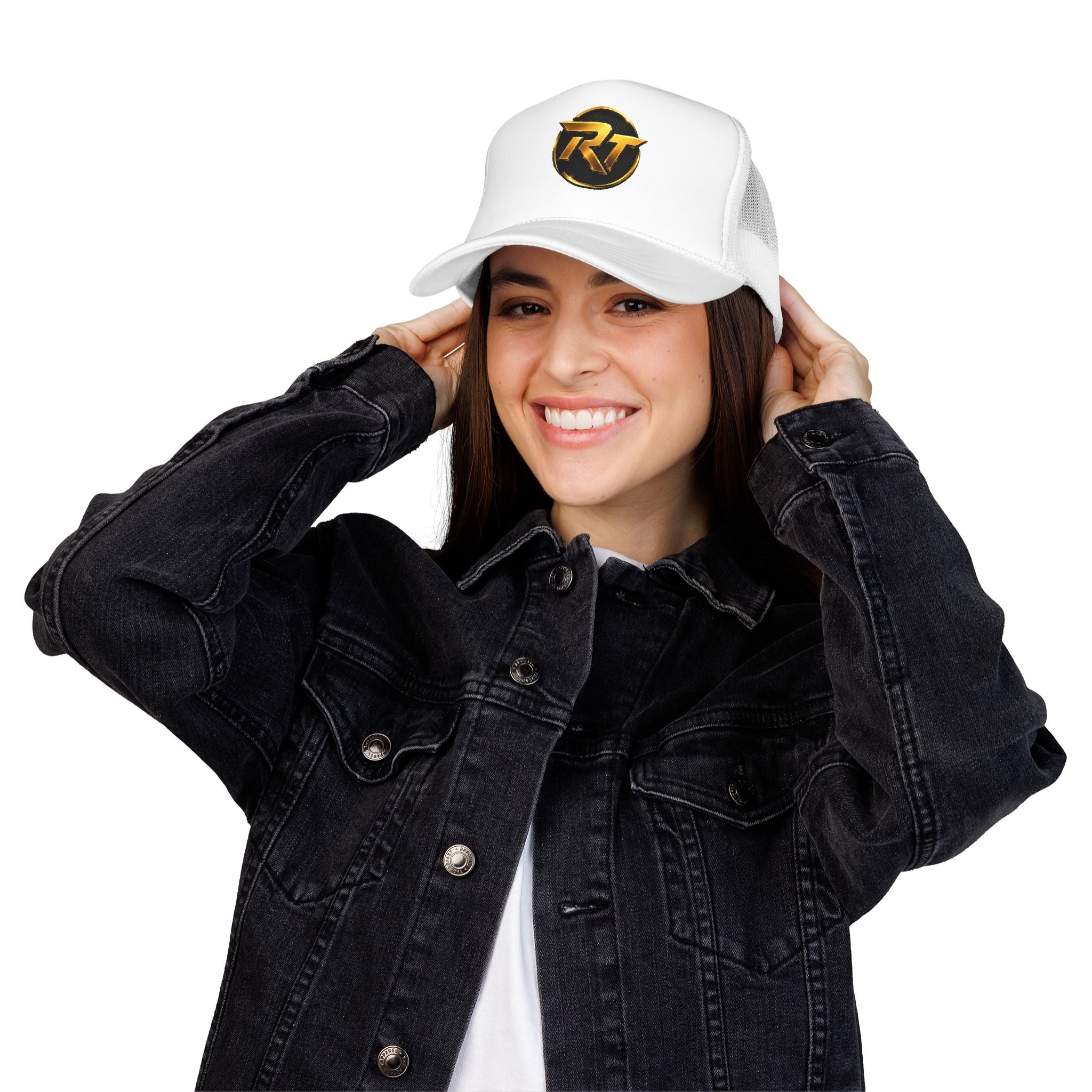 Gold RT Logo Trucker Hat | Metallic Monogram Foam Trucker Hat