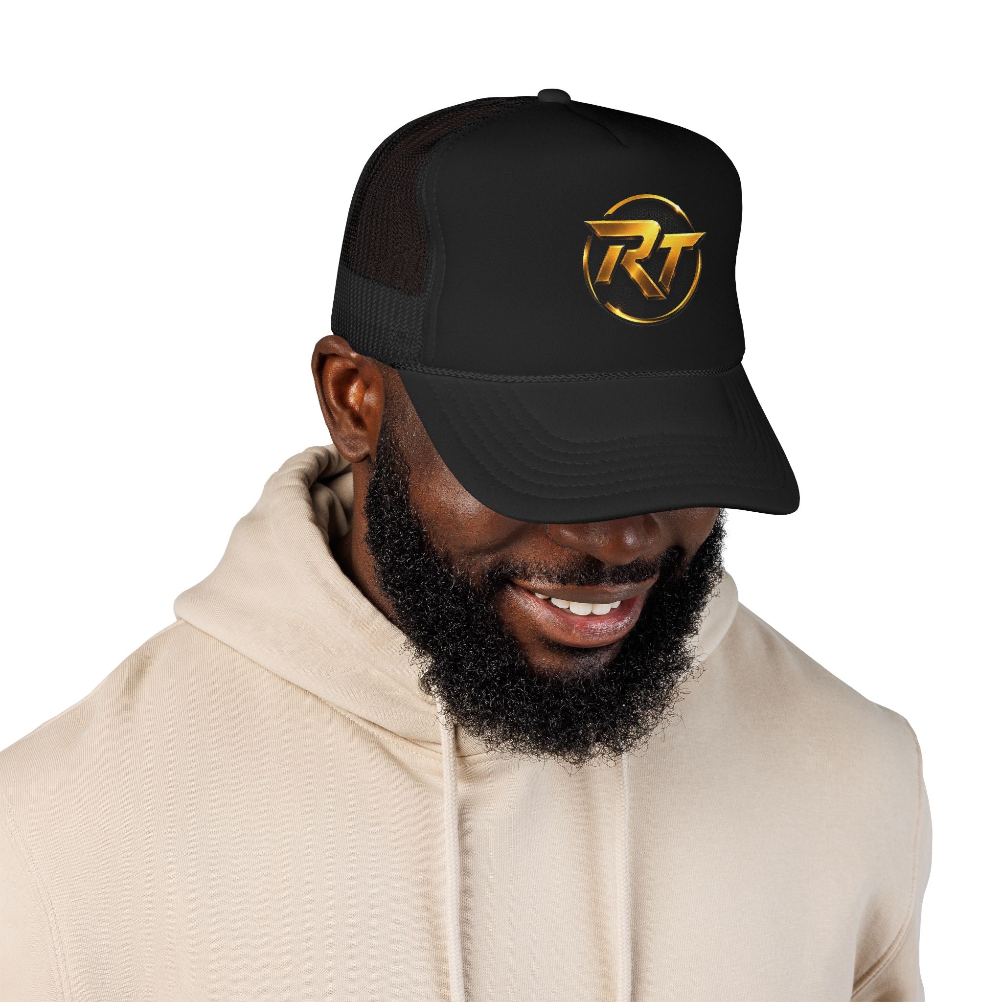 Gold RT Logo Trucker Hat | Metallic Monogram Foam Trucker Hat
