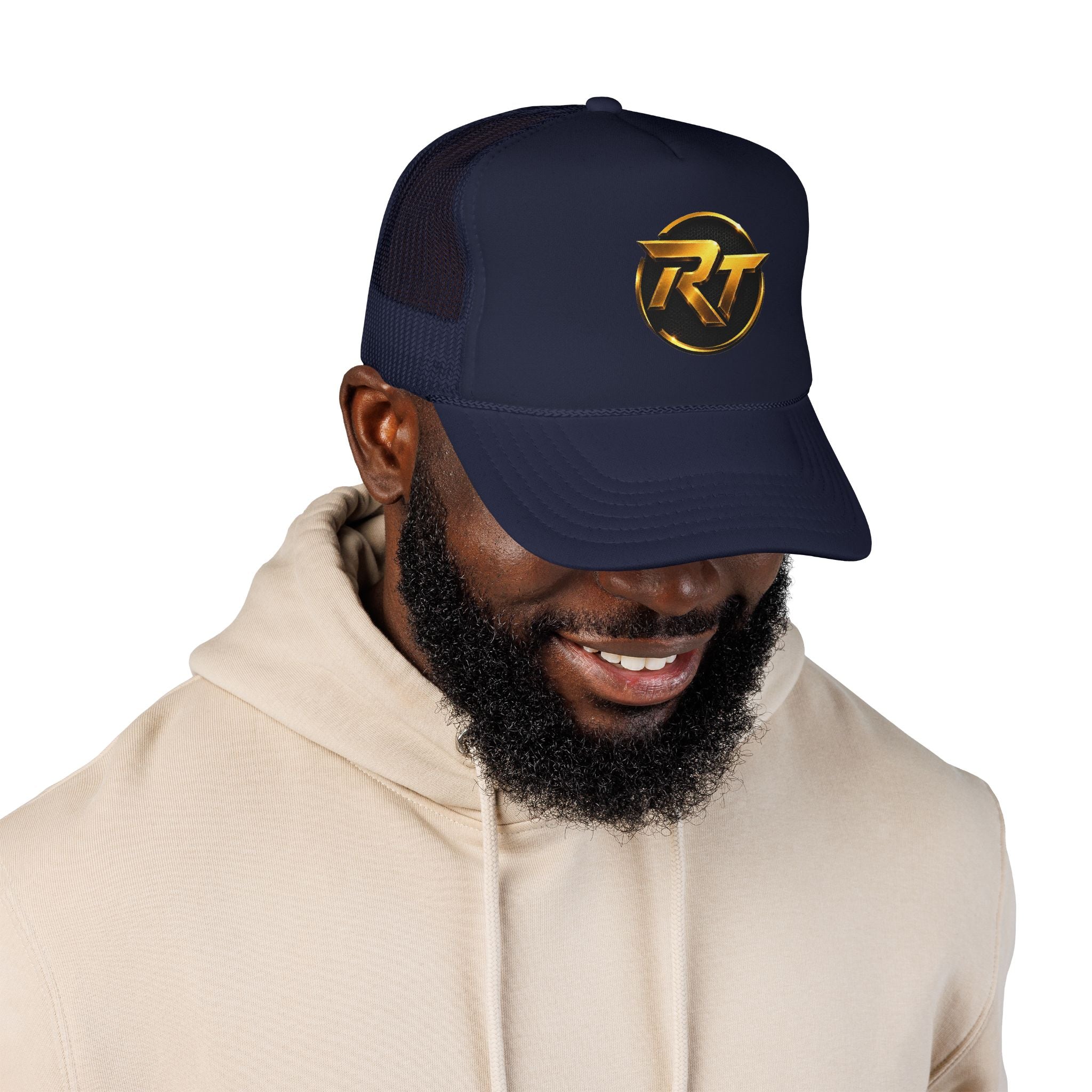 Gold RT Logo Trucker Hat | Metallic Monogram Foam Trucker Hat