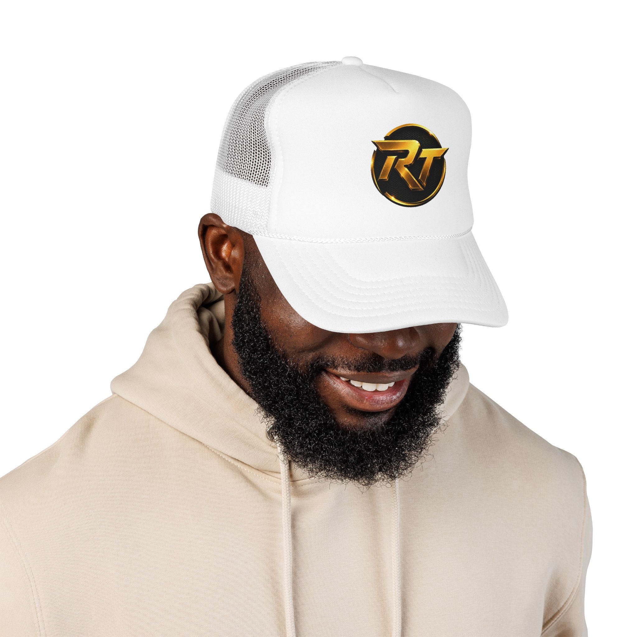 Gold RT Logo Trucker Hat | Metallic Monogram Foam Trucker Hat