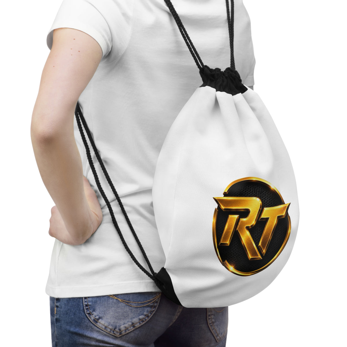 Gold RT Logo Drawstring Bag | Monogram Emblem Gym Sack