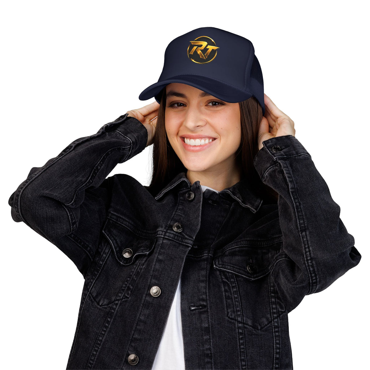 Gold RT Logo Trucker Hat | Metallic Monogram Foam Trucker Hat