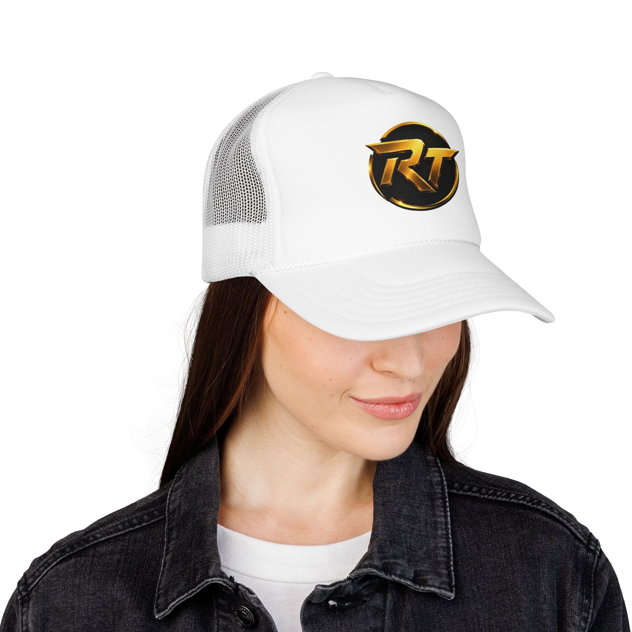Gold RT Logo Trucker Hat | Metallic Monogram Foam Trucker Hat